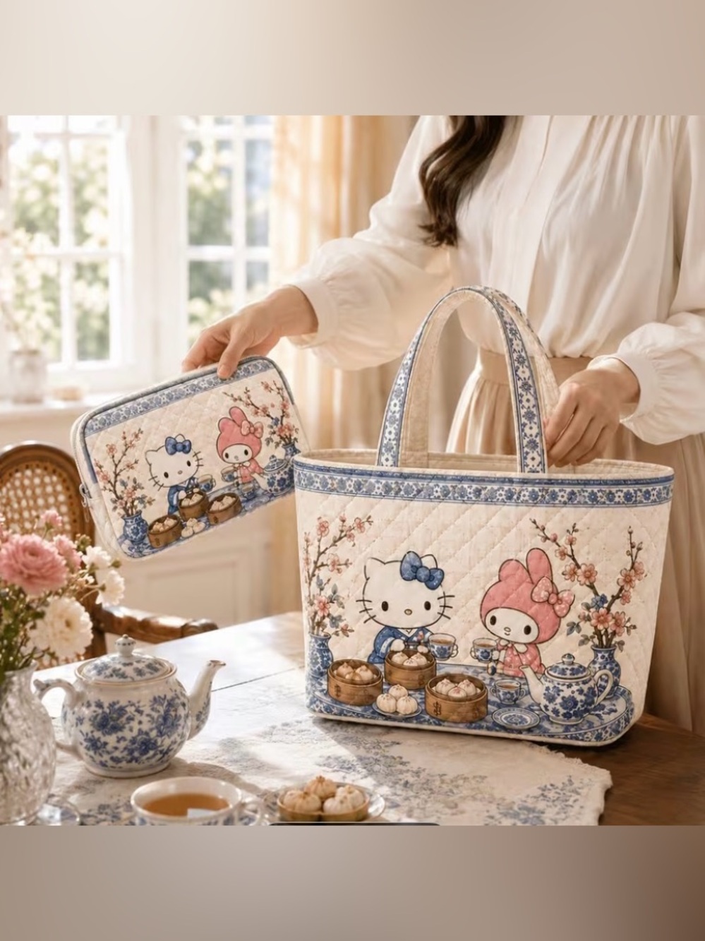 Hello Kitty Pink and Blue Floral Quilted Tote with Matching Pouch